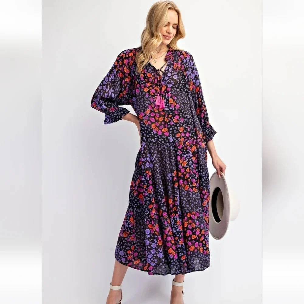 Easel Floral Patchwork Print Rayon Gauze Long Sleeve Dress New - Picture 2 of 5